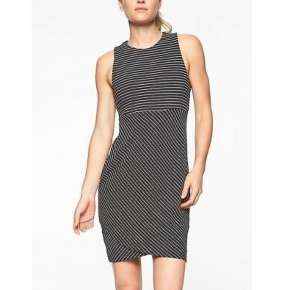 ATHLETA Black and White Stripe La Palma sleeveless Wrap Dress